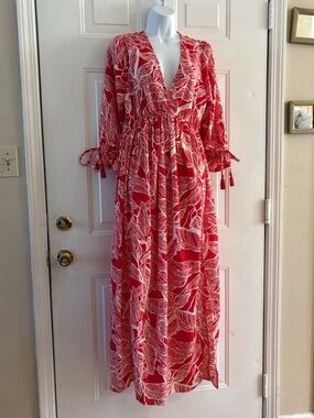 MASALA Red and Cream Floral V-Neck Maxi Dress. Size L. New